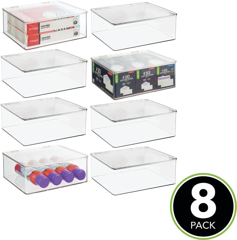 mDesign Plastic Stackable Home, Office Supplies Storage Organizer Box with Attached Lid - Holder Container Bin for Note Pads, Gel Pens, Staples, Dry Erase Markers, Tape - 8 Pack - Clear
