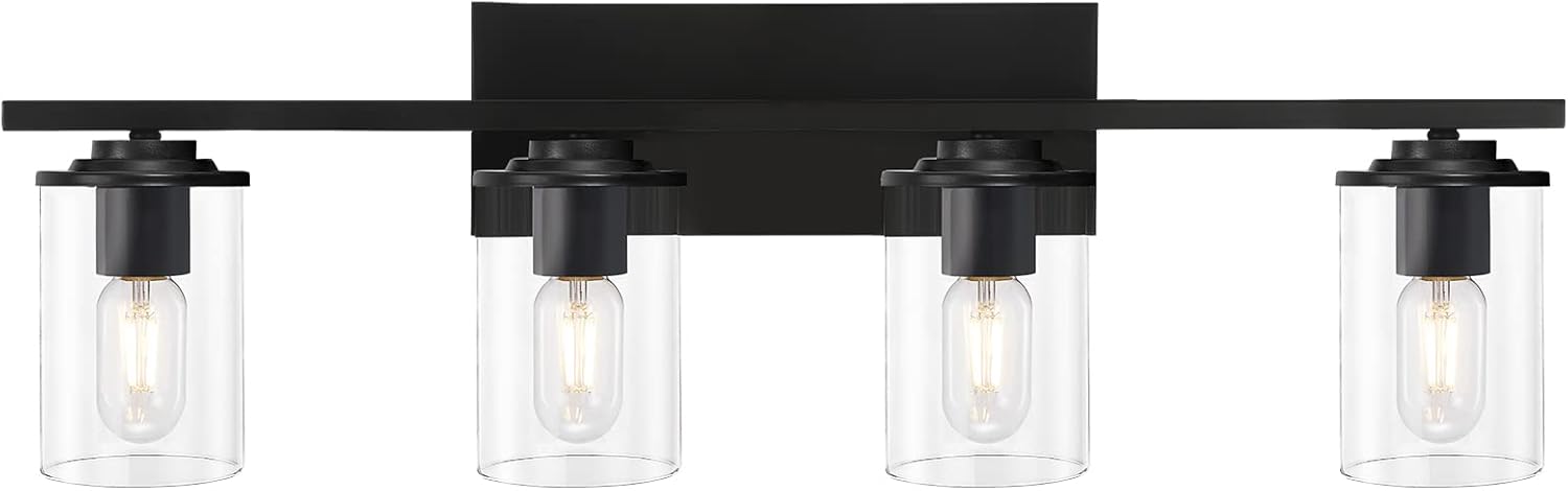 HUESLITE Industrial Vanity Light Fixture,4-Light Black Bathroom Vanity Light with Clear Glass Shade for Bathroom Lighting (Black, 4-Light)