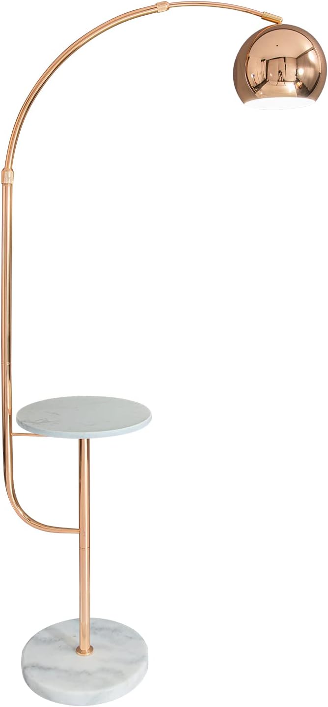 O'NEELDY Modern Arc Floor Lamps with Table for Bedroom, 360&deg; Rotatable Gooseneck Lamp Shade, LED Black Adjustable Read Standing Lights with Marble Storage Shelf, 3-Way Dimmable, 70 Inch Tall