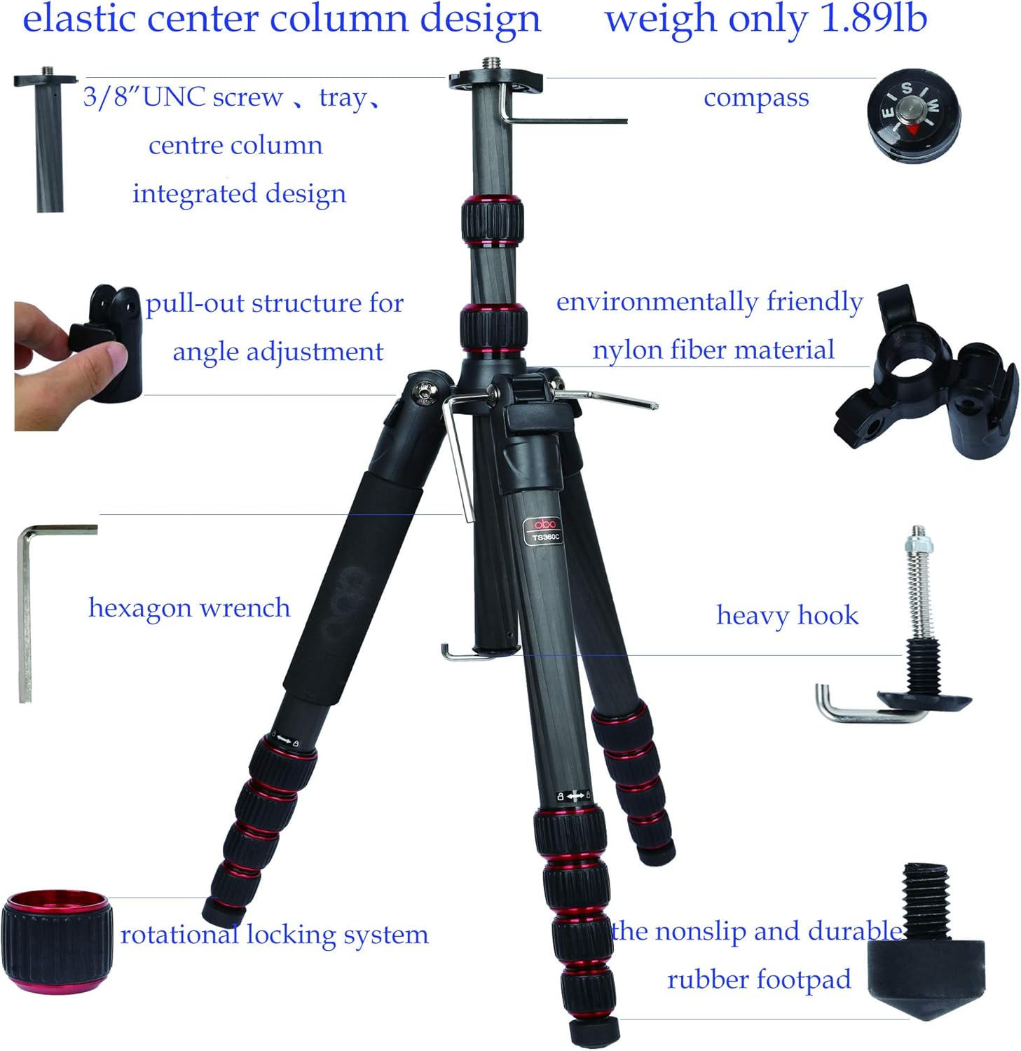 OBO TS360C Carbon Fiber Camera Travel Tripods Super Light Ball Head,Black