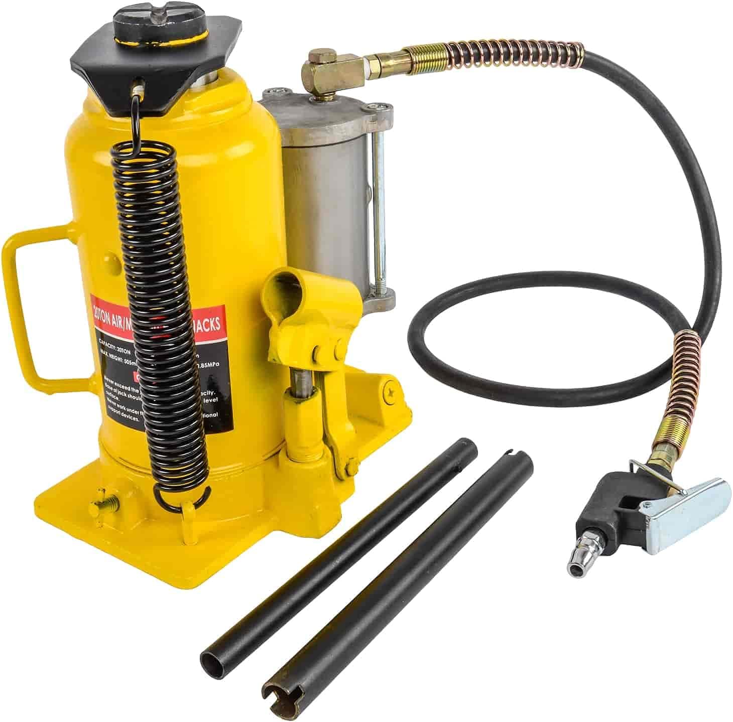 JEGS Bottle Jack | 20-Ton Capacity | Air Assist | Lift Height From 10 7/16 to 20 inches | 52 inch air line length with 1/4 inch NPT fitting