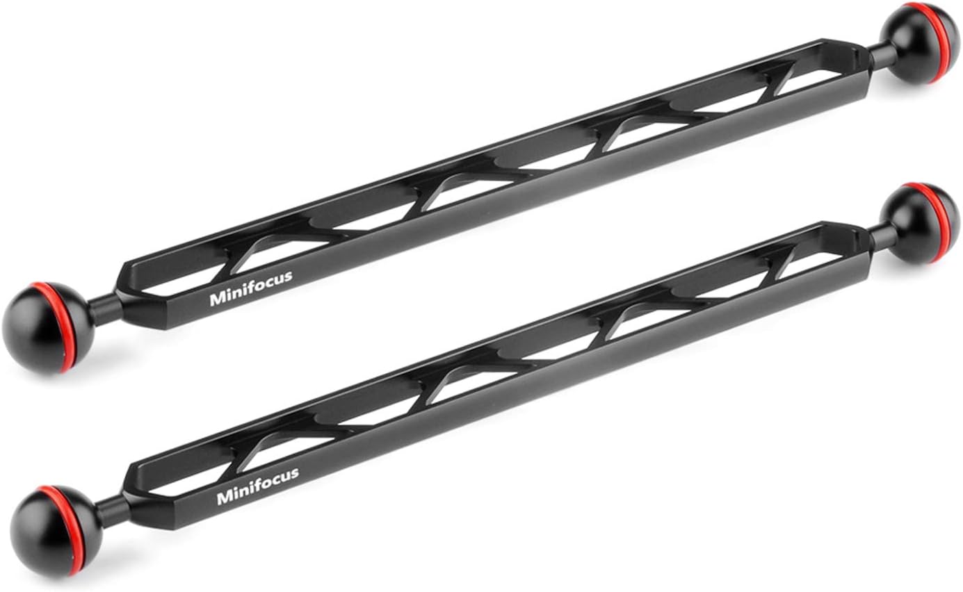 Double 1” Ball Arm, MINIFOCUS 2PCS 12” Aluminum Alloy Underwater CNC Arm System Connector Ball Head Extension for Strobe/Video Light/Diving Camera Tray,Integrated Without Glue,Waterproof and Rustproof Pack of 2