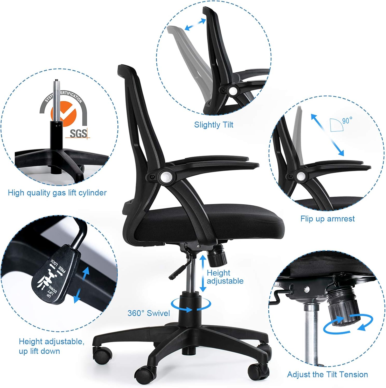 KOLLIEE Mid Back Mesh Office Chair Ergonomic Swivel Black Mesh Computer Chair Flip Up Arms with Lumbar Support Adjustable Height Task Chair
