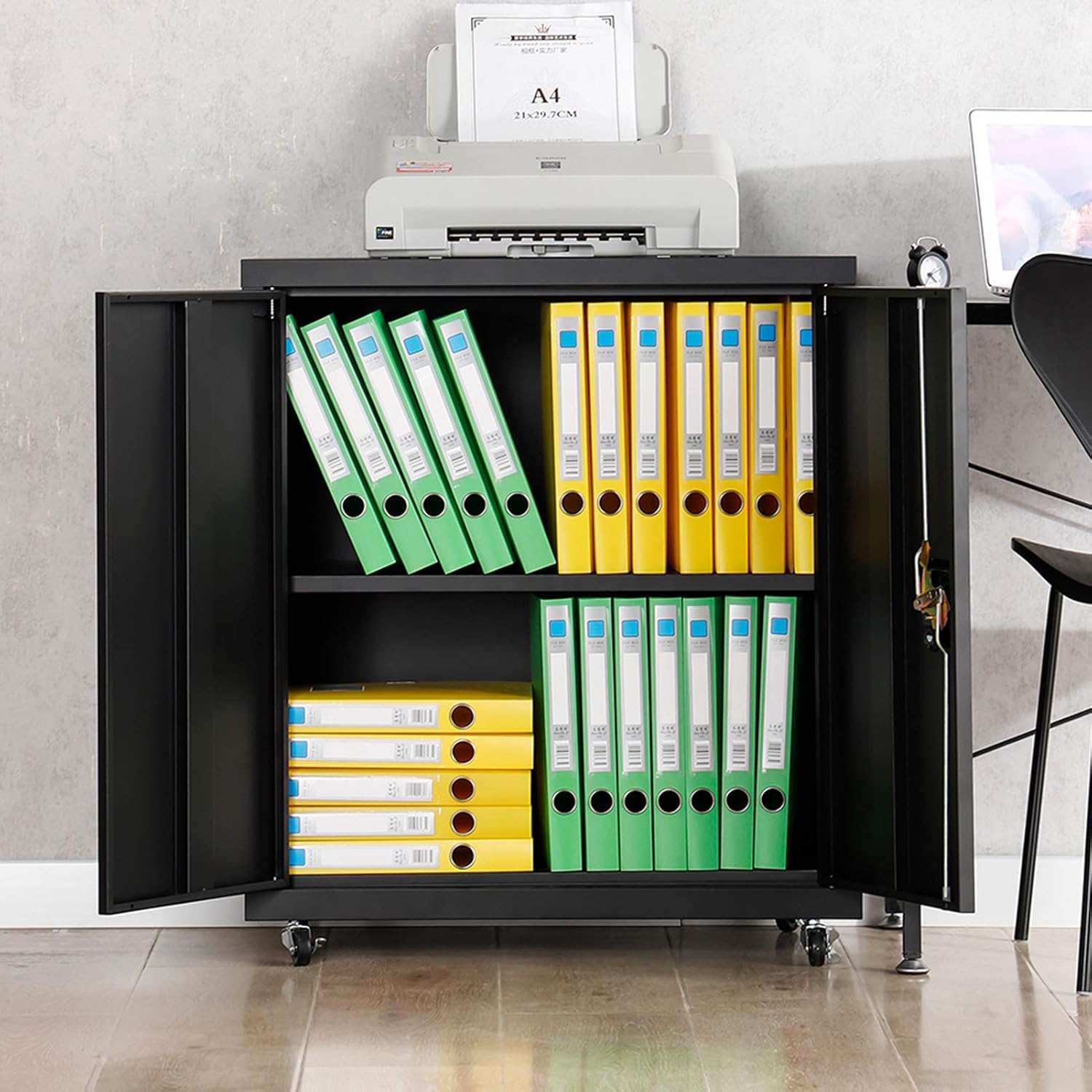 GREATMEET Metal Storage Cabinet with Lock and Wheels，Multifunctional Garage Storage Close，Half Height Steel Counter Locking Cabinet with Adjustable Shelves for Home Office,Black