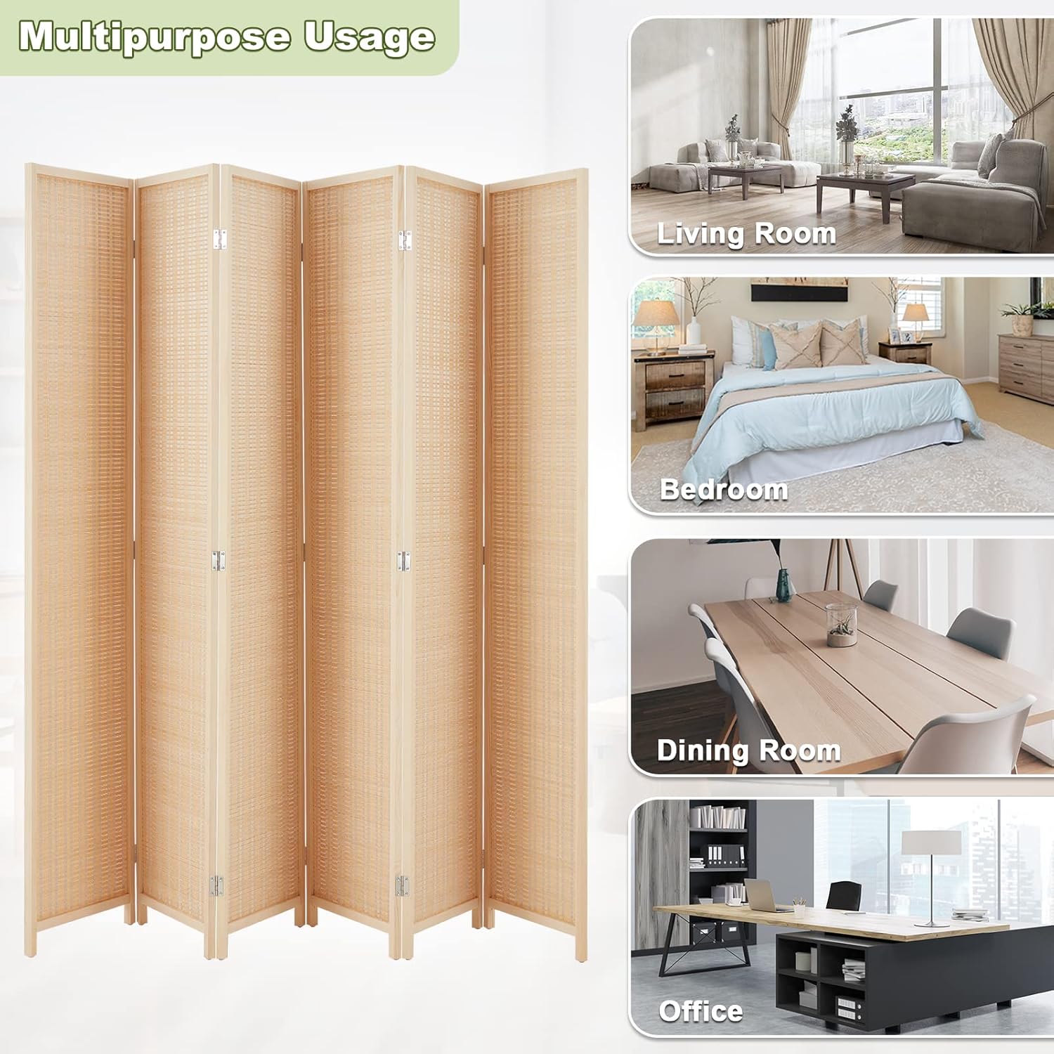 HADDOCKWAY 6 Panel Bamboo Room Divider Wall 6FT Tall Folding Privacy Screens Room Dividers Decorative Partition Wall Dividers for Office, Bedroom, Apartment