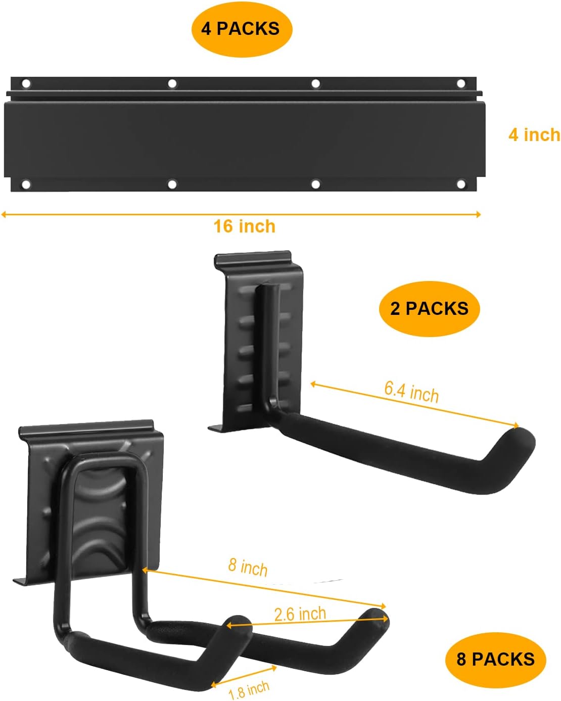 Heavy Duty Tool Storage Organizer, 64INCH 4 packs Rails and 10 packs Adjustable Hooks Yard Tool Organizer for Garage Storage Tool Organizer Wall Mount, Aluminum Steel For Garden Yard(64 inches 4 Rail)