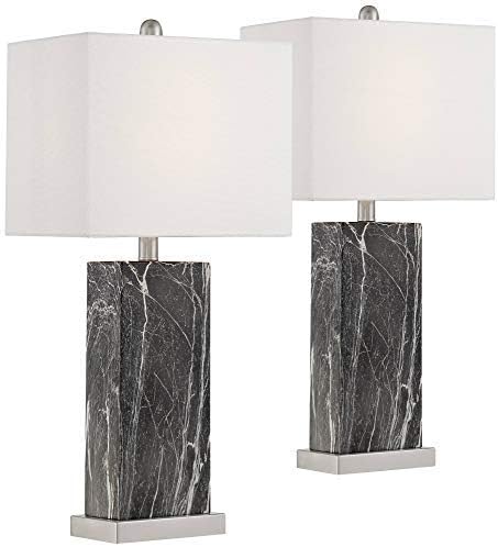 Connie Modern Contemporary Table Lamps Set of 2 with USB Ports Black Faux Marble White Rectangular Shade for Living Room Bedroom House Bedside Nightstand Home Office Family - 360 Lighting