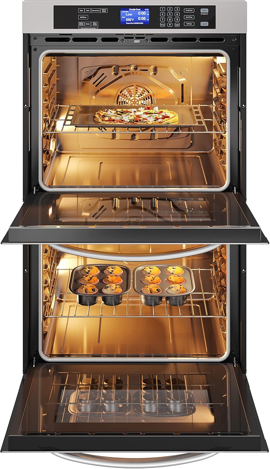KoolMore KM-WO30D-SS 30-Inch Electric 5 Cu.Ft. Premium Double Wall Quiet, Rapid Convection, 7 Cook and Baking Modes, Dual Large Capacity Ovens, Stainless-Steel Unit, Self-Cleaning, Silver