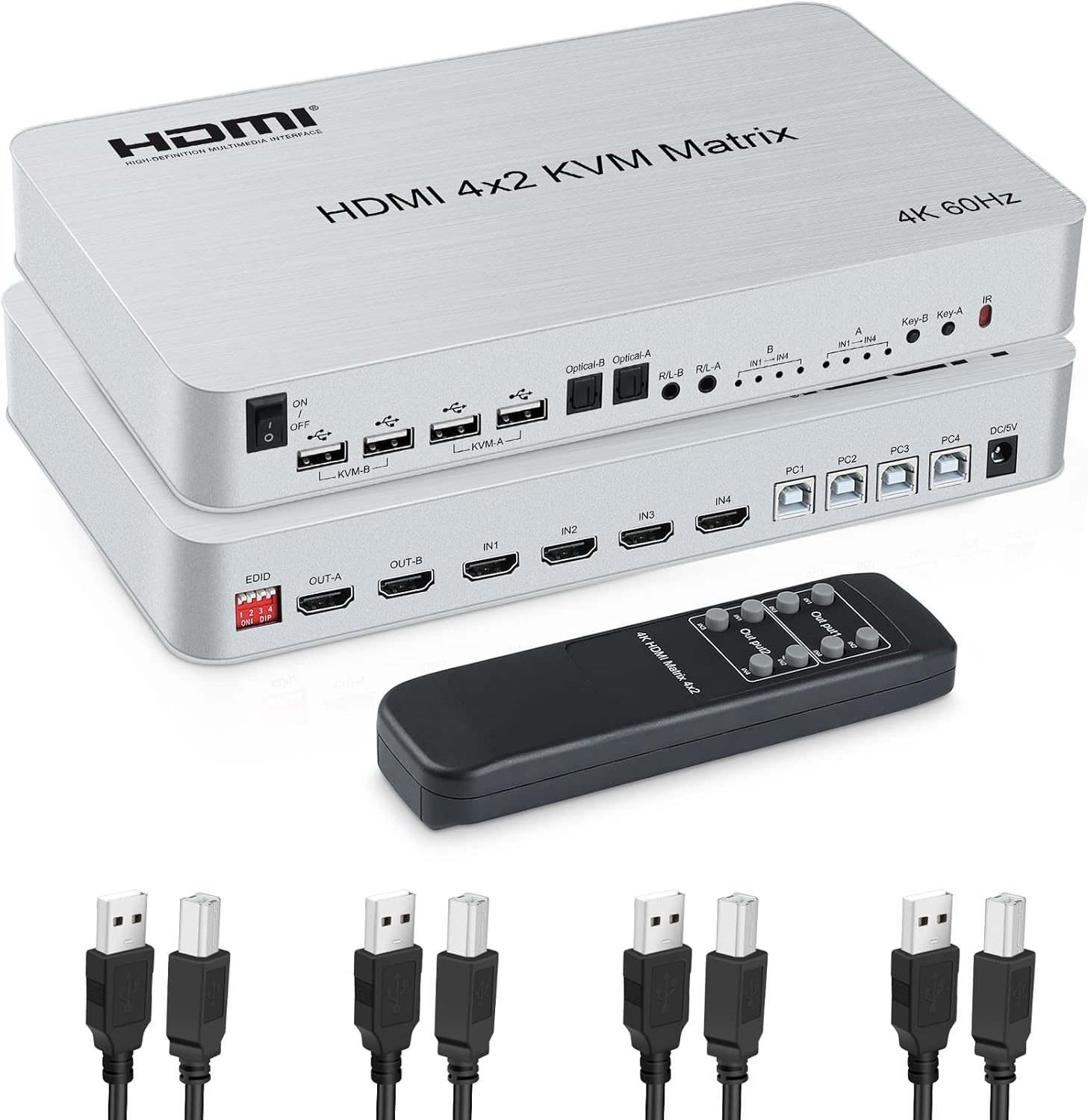4x2 HDMI KVM Matrix Switch, 4K@60Hz KVM Switch + Optical & L/R Audio Output, 4 HDMI2.0 Port + 4 USB2.0 Port, Share 4 Computer to Dual Monitor, Support Auto Scale, Audio Extractor with Remote Control
