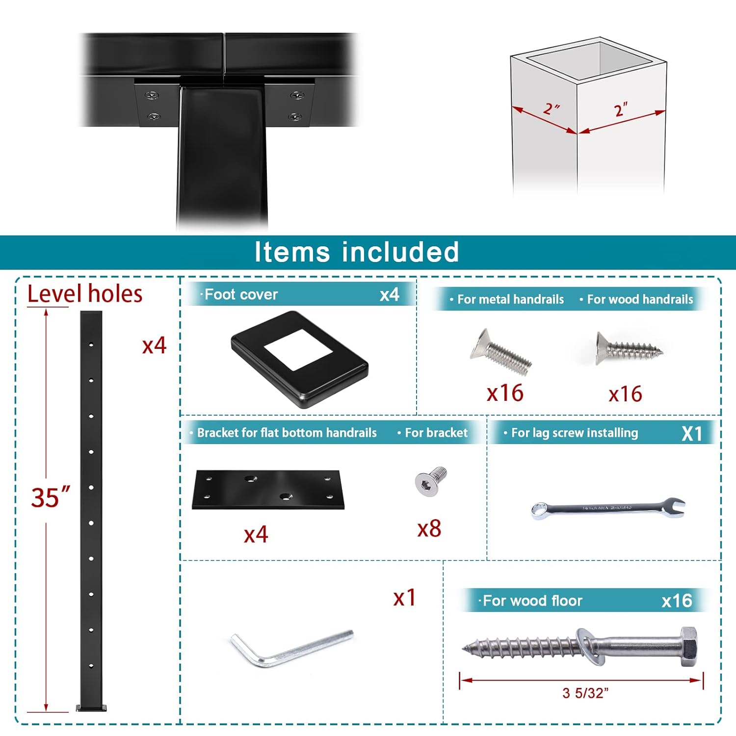 Muzata 4Pack Cable Railing Post Level-drilled Post with Flat top 36''x2''x2'' Black Square Weldless Stainless Steel Pre-Drilled for Wood Concrete Surface Mount Deck PS02 BH4S, PT1 PT2 PT6
