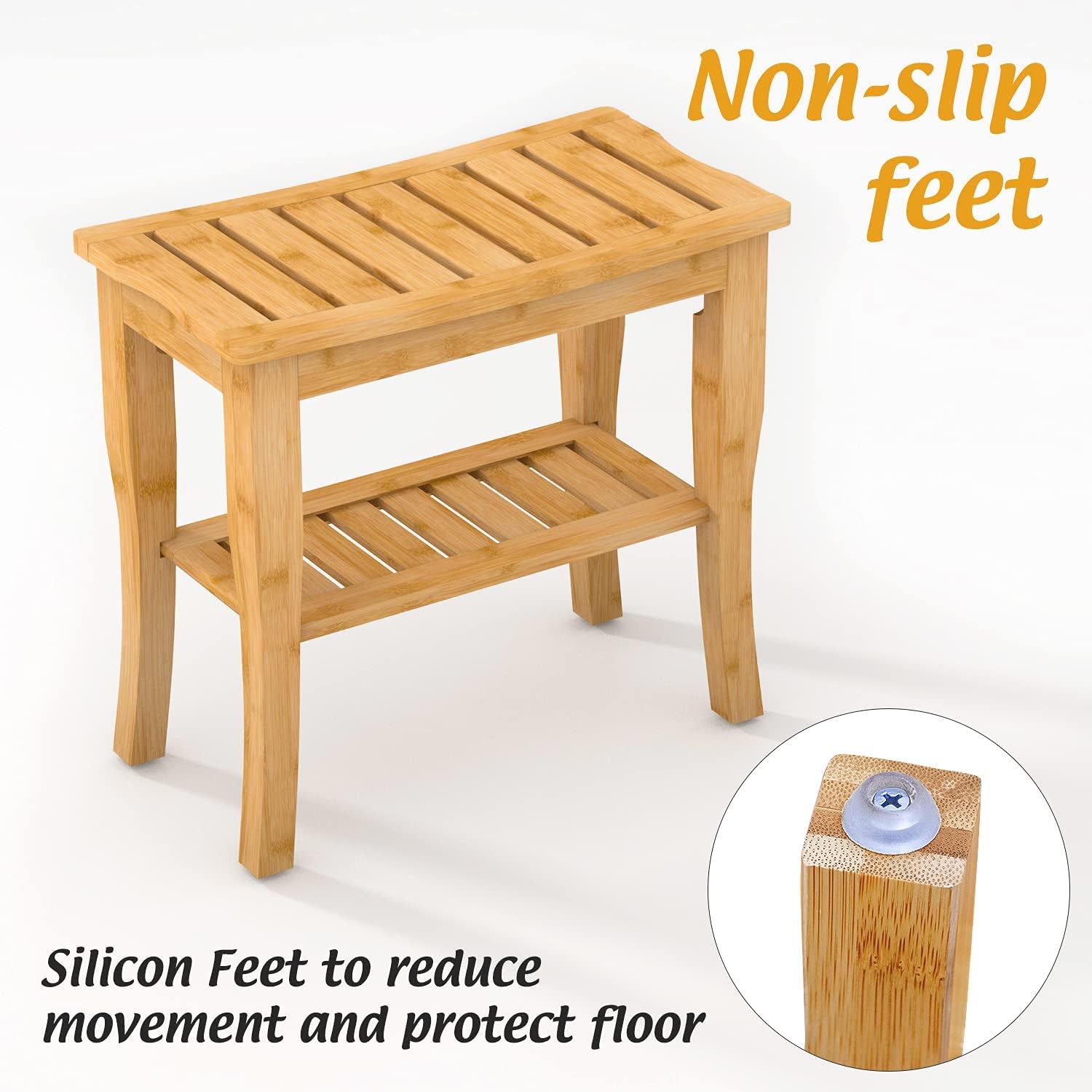 Bamboo Shower Bench with Shelf - Waterproof Wood Shower Stool for Inside Shower Spa Sauna Pack of 2