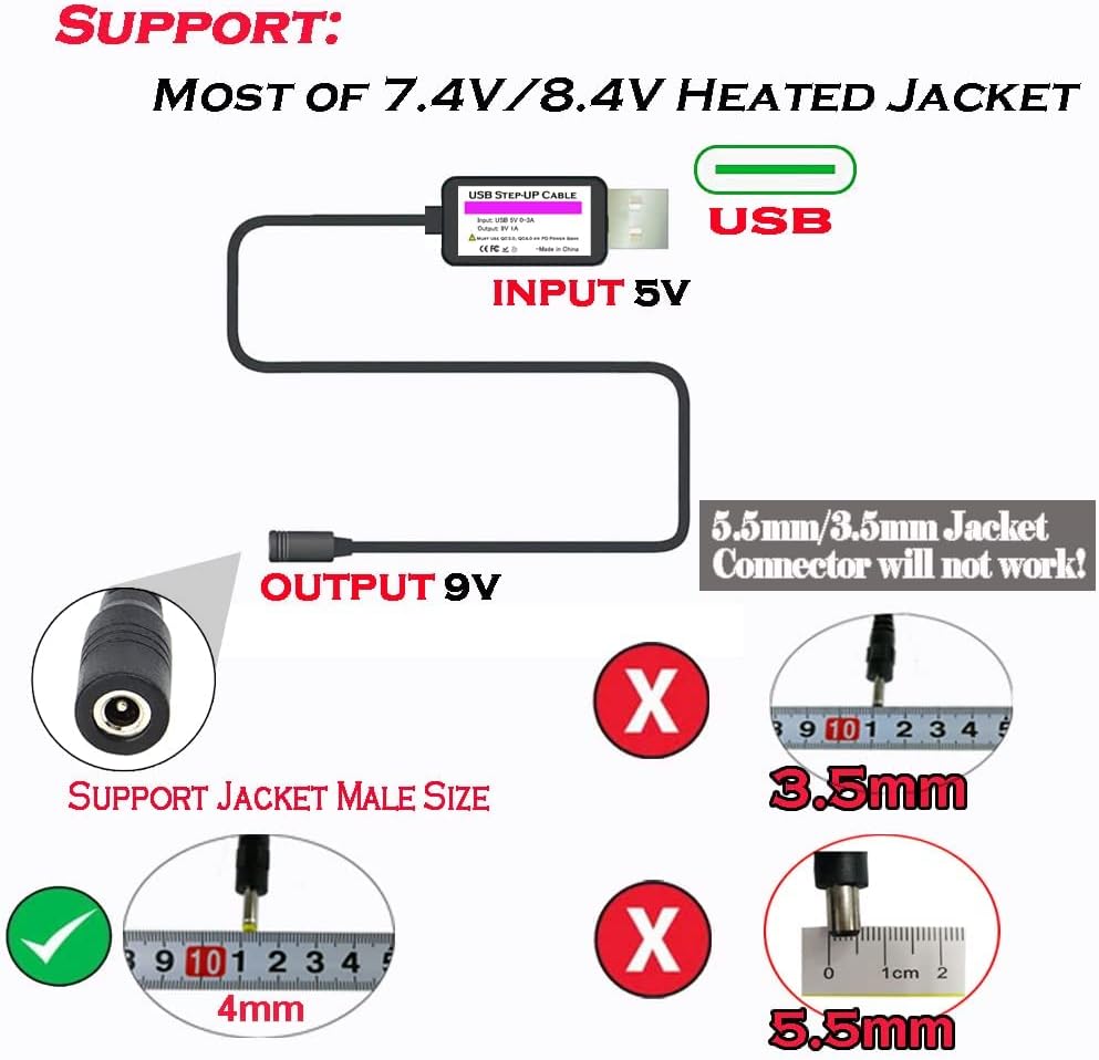 Yorikyas Heated Jacket Battery Step-Up Charger Cable for 7.4v or 8.4v Heated Jacket, Heated Hoodies and Heated Vests