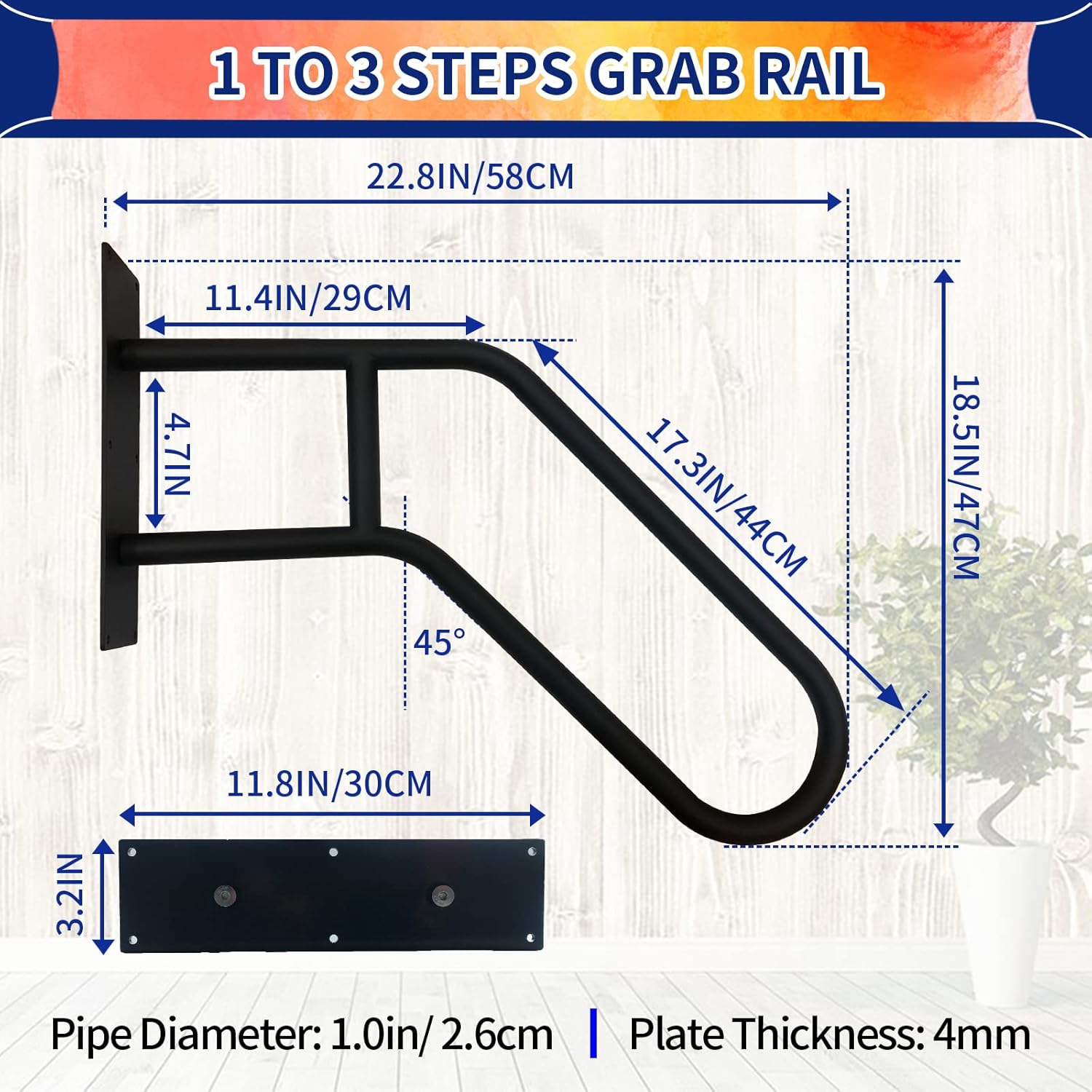 Outdoor handrail Wall Mount, Garage Railing with Matte Black Finished, Grab Bars for Garage, Porch, Garden 1 to 3 Steps Stairs(&phi;1