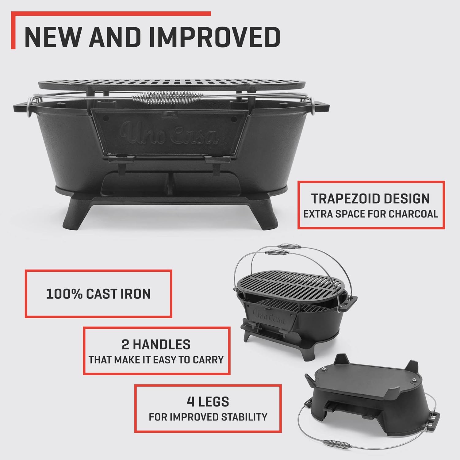 Uno Casa Hibachi Grill - Pre-Seasoned Small Charcoal Grill, Portable Charcoal Grill for Camping, Outdoors, Japanese Hibachi Grill with Double-Sided Grill Net - Waterproof Cover Included
