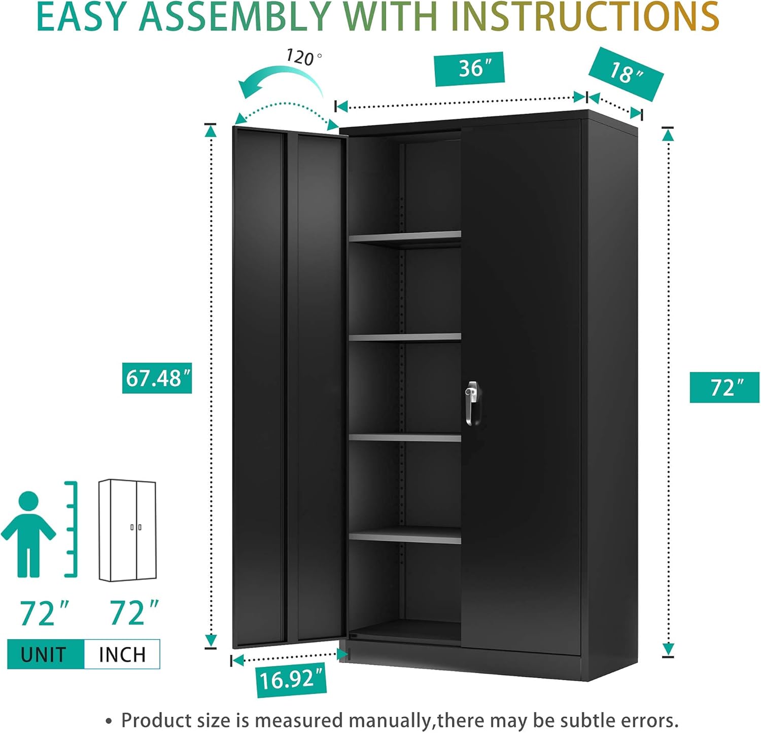 AOBABO Metal Garage Storage Cabinet,Metal Storage Cabinet with 4 Adjustable Shelves and Lockable Doors,72”H×36”W×18”D,Utility Tool Storage Cabinet,Assembly Required,Black