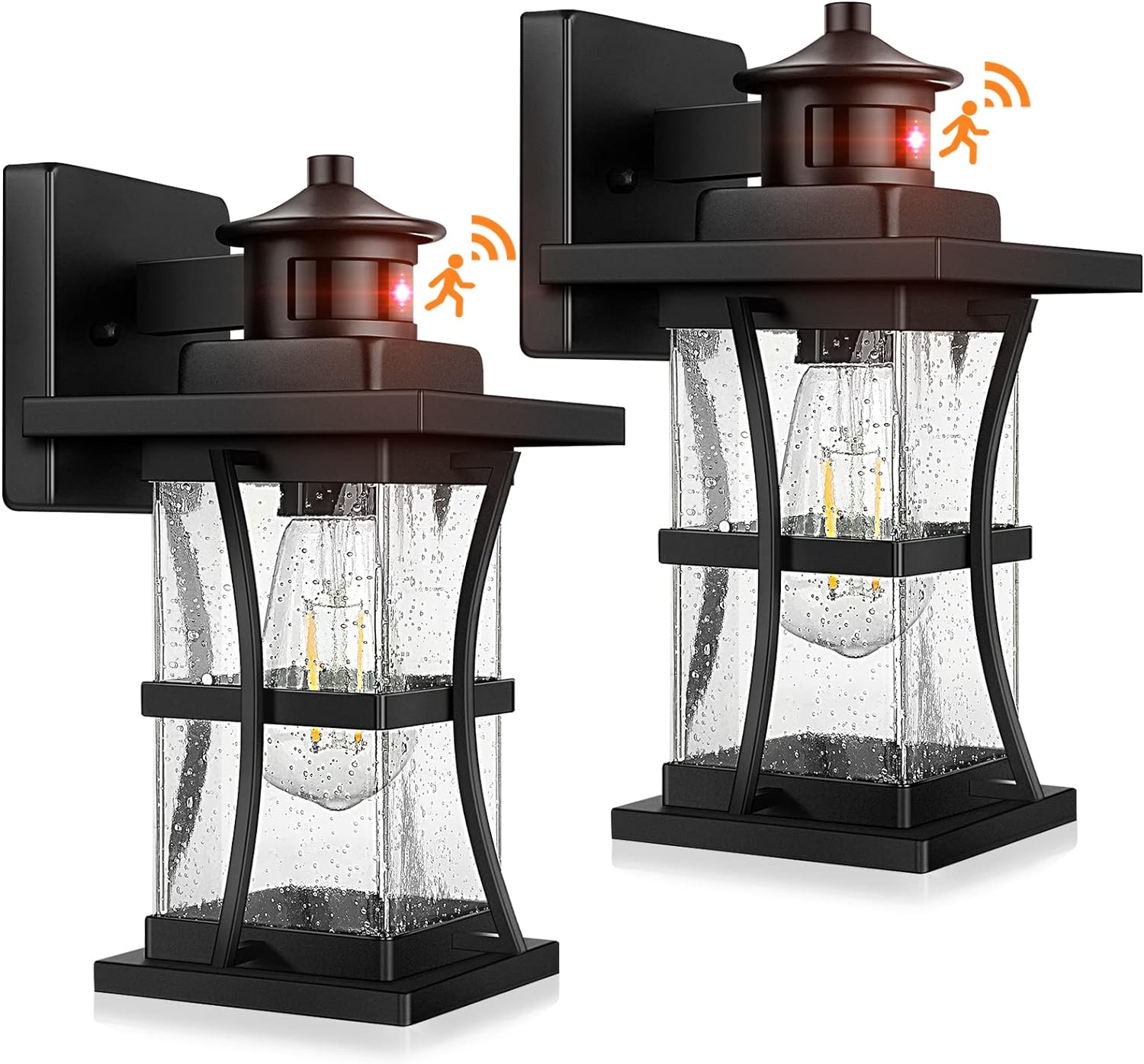 2 Packs Motion Sensor Outdoor Wall Lights - Upgrade Dusk to Dawn Porch Lighting, LED Exterior Lantern Fixture Wall Sconce, Waterproof Outside Light for House, Black Anti-Rust Lamp for Garage Doorway