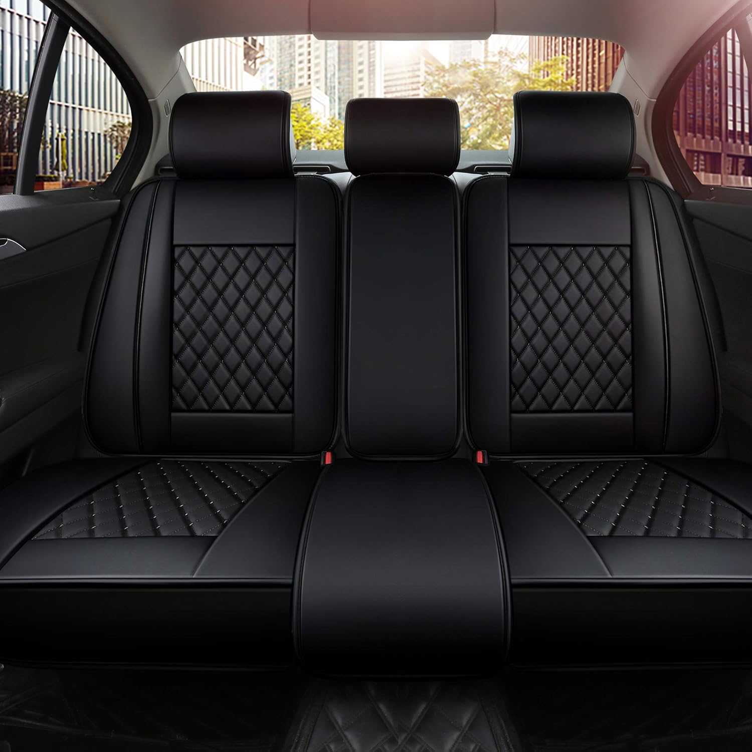 INCH EMPIRE 2 Front Car Seat Cover Waterproof Synthetic Leather Car Seat Cushion Universal Fit for BMW Buick Chevrolet Dodge Ford Honda Hyundai Infiniti Jeep-Easy Install (2 Front Black Grid Trim)