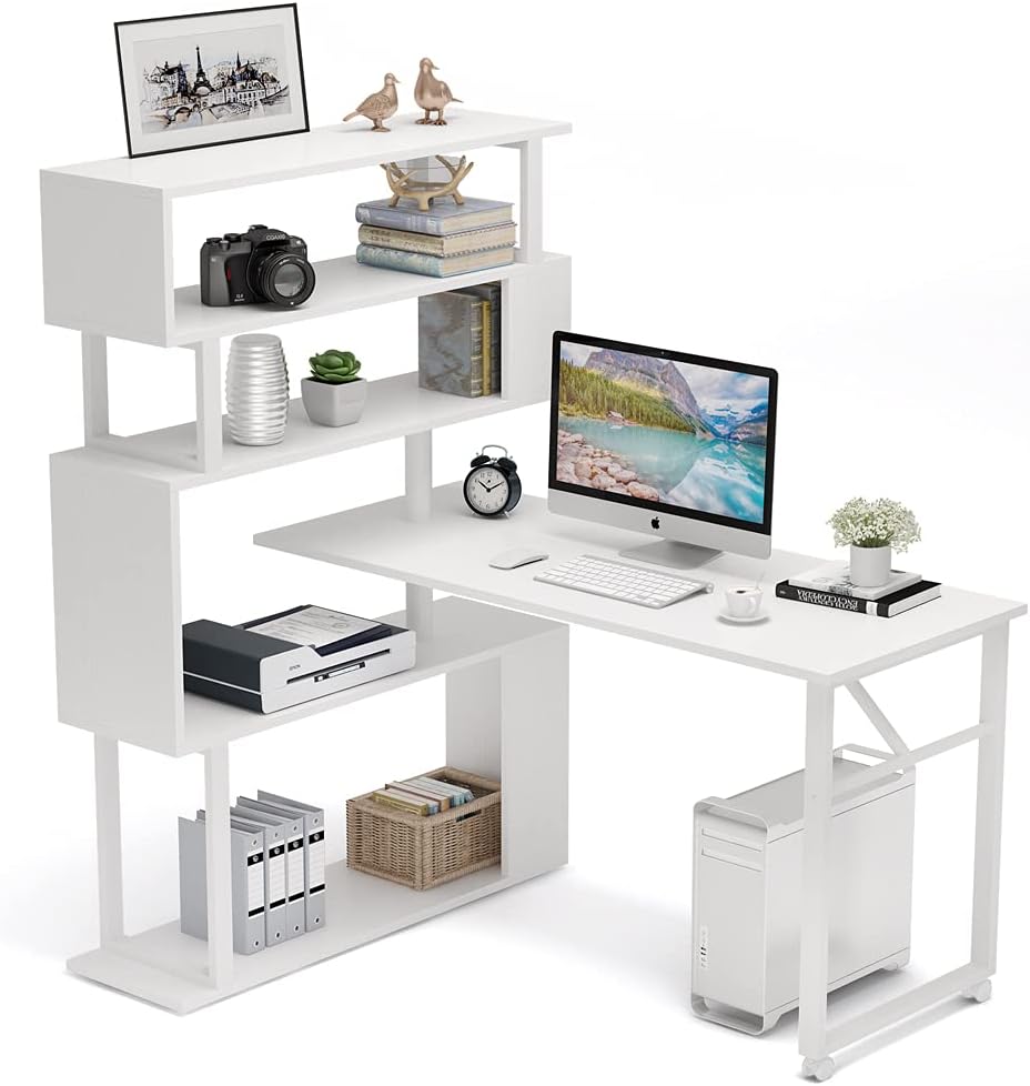 Tribesigns Rotating Computer Desk with 5 Shelves Bookshelf, Modern L-Shaped Corner Desk with Storage, Reversible Office Desk Study Table Writing Desk with Wheels for Home Office (Black)