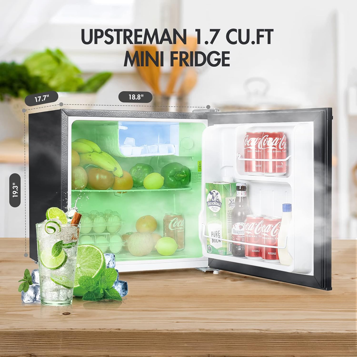 Upstreman 1.7 Cu.ft Mini Fridge with Freezer, Adjustable Thermostat, Energy Saving, Low Noise, Single Door Compact Refrigerator for Dorm, Office, Bedroom, Black-FR17