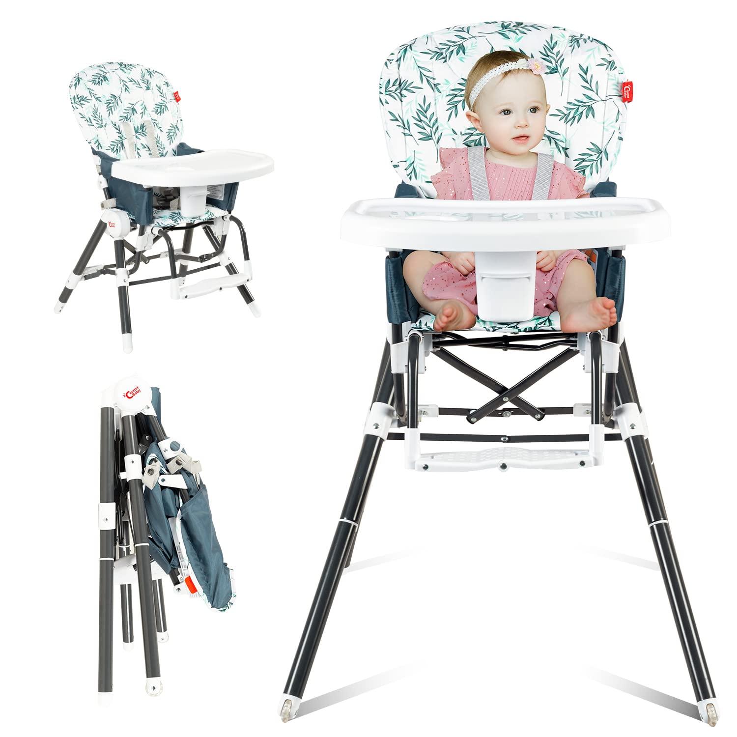 Ceurmt Baby 3 in 1 Convertible Baby High Chair with Removable White Tray, Portable Baby Highchair for Toddlers Baby Girl Boy, Ultra Compact Baby Chair for Eating and Feeding with Adjustable Legs