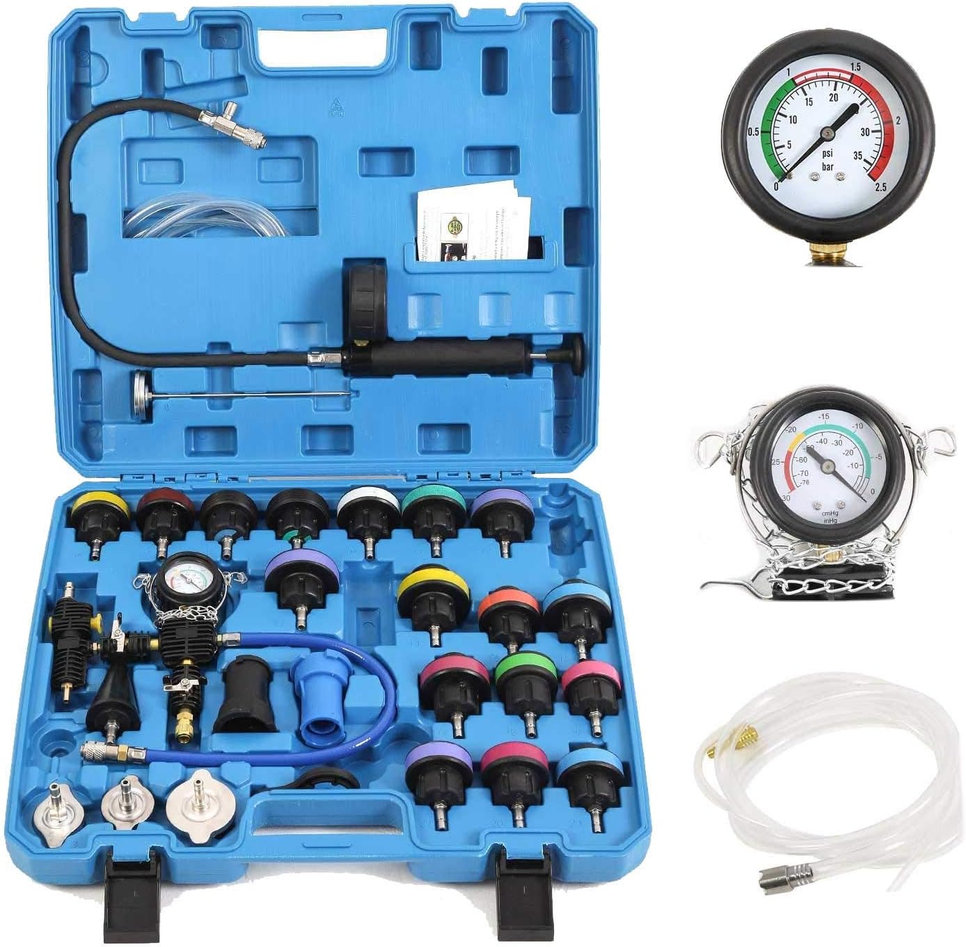 28-Piece Universal Radiator Pressure Tester, Vacuum Type Cooling System Tool Kit For Many Makes and Models with Carrying Case (Blue Case)