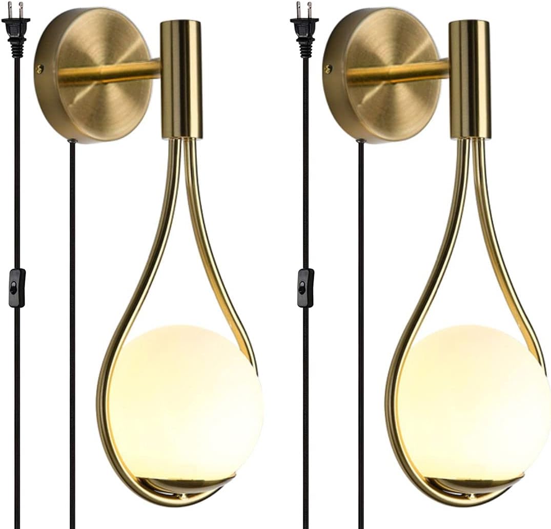 KCO Lighting Wall Sconce Mid-Century Drop Design Wall Mounted Light Brushed Brass Wall Lamps, Wall Mount Light Fixture for Bedside Living Room (Gold Plug 2 Pack)