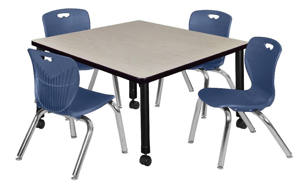 Regency Kee 42x22 Square Height Adjustable Mobile Classroom Table - Maple u0026 4 4 Andy 12-in Stack Chairs- Navy Blue