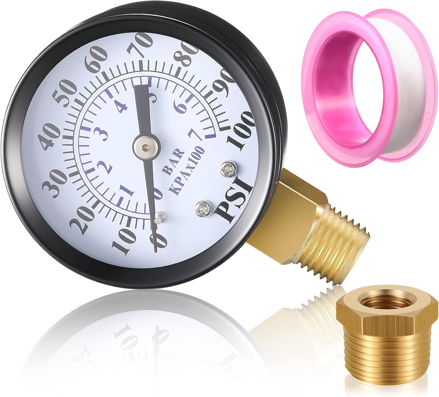 2 Inch Dial Face 1/4 Inch NPT Water Pump Pressure Gauge with 1/4 Inch NPT Male 1/2 Inch NPT Adapter Brass Fitting and Tape