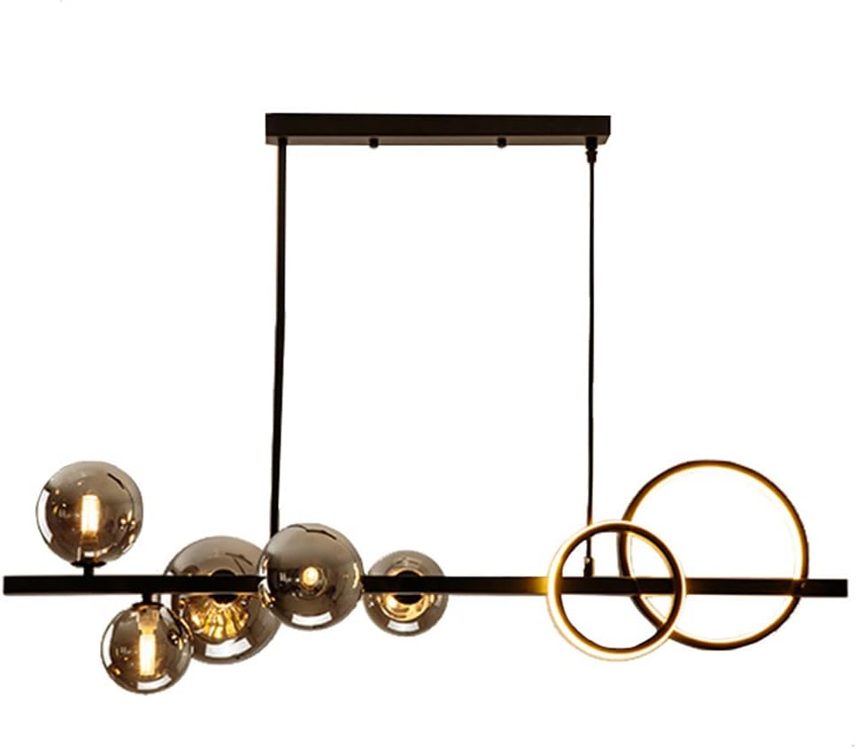 Bepuzz Black Chandelier Lighting 5 Lights Glass Globe Ceiling Pendant Light Fixtures with 2-Ring Circular LED 50W Cool White Light Nordic Linear Chandelier for Dining Room Bedroom Hallway (Smoke Gray)