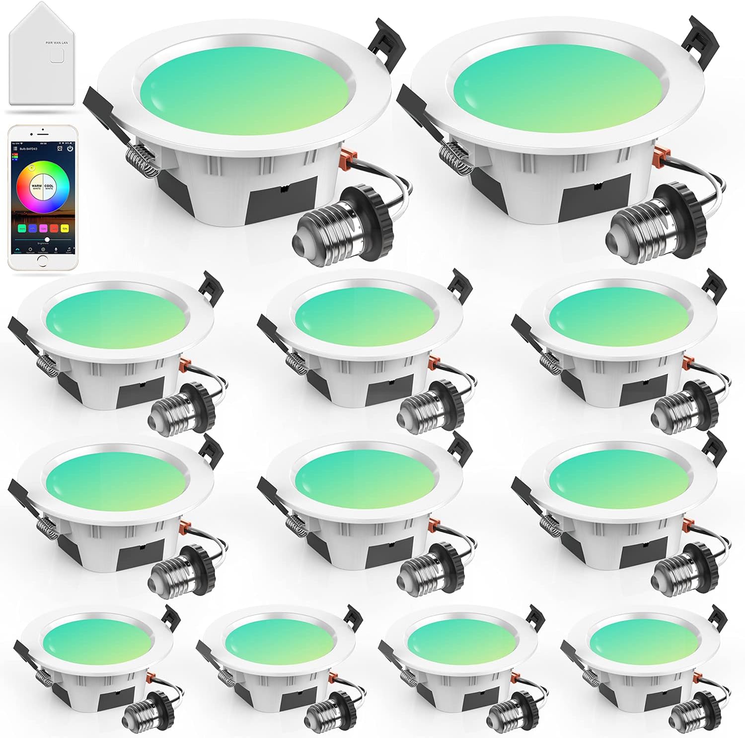 Comoyda 3 inch Smart LED Recessed Lighting with Hub and Remote,5W RGBCW WiFi & Bluetooth Retrofit Downlight Ceiling Lights Compatible with Alexa/Google Assistant, 12 Pack