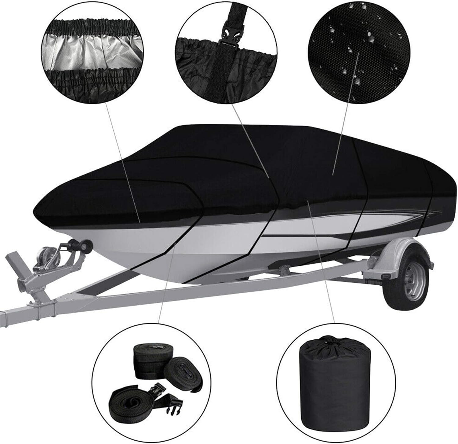 WFLNHB Waterproof Heavy Duty 210D Boat Cover Trailerable Fishing Ski Bass V-Hull Tri-Hull Runabouts 17-19ft Black Pack of 2