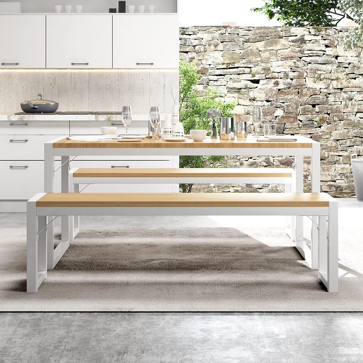 IMUsee Modern Industrial 3-Piece Soho Dining Table Set, Metal Frame and MDF Board, Dining/Kitchen Table Set with Benches, Sturdy Structure, Space-Saving Furniture