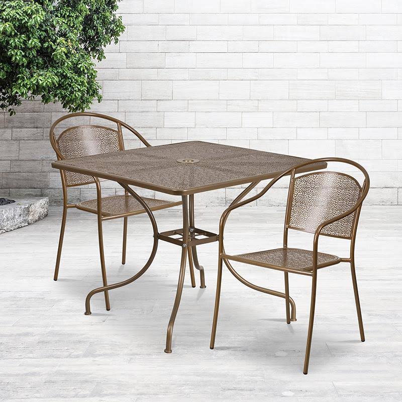 35.5&& Square Gold Indoor-Outdoor Steel Patio Table Set with 2 Round Back Chairs