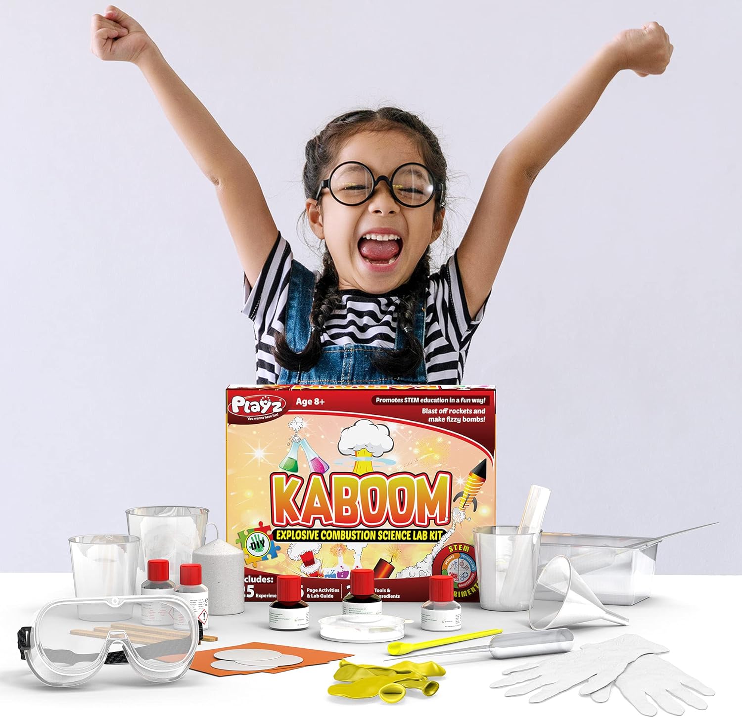 Playz KABOOM! Explosive Science Kit for Kids - 25+ Kid Safe Exploding Combustion & Fun Chemical Reaction STEM Experiments. Make DIY Rockets, Fizzy Bombs, Color Explosions, Helium Balloons Bombs & More Pack of 2