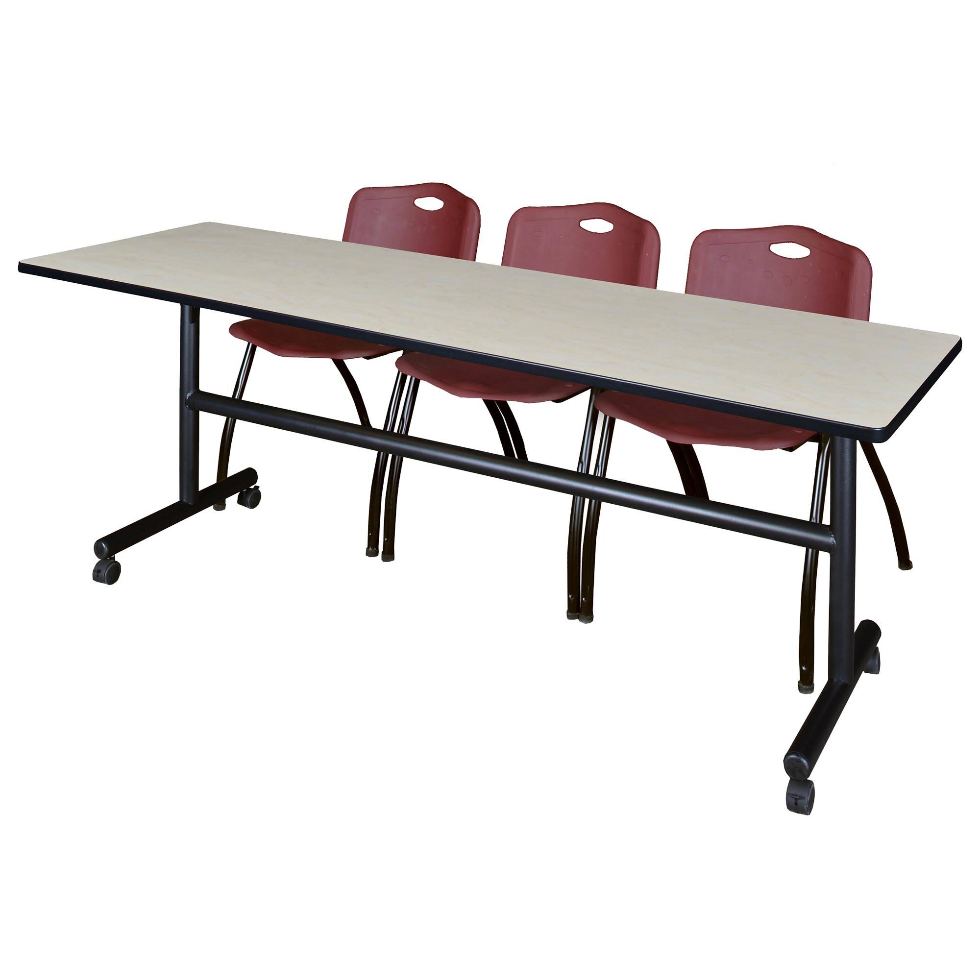 Kobe 84x22 Flip Top Mobile Training Table- Maple u0026 3 &M& Stack Chairs- Burgundy