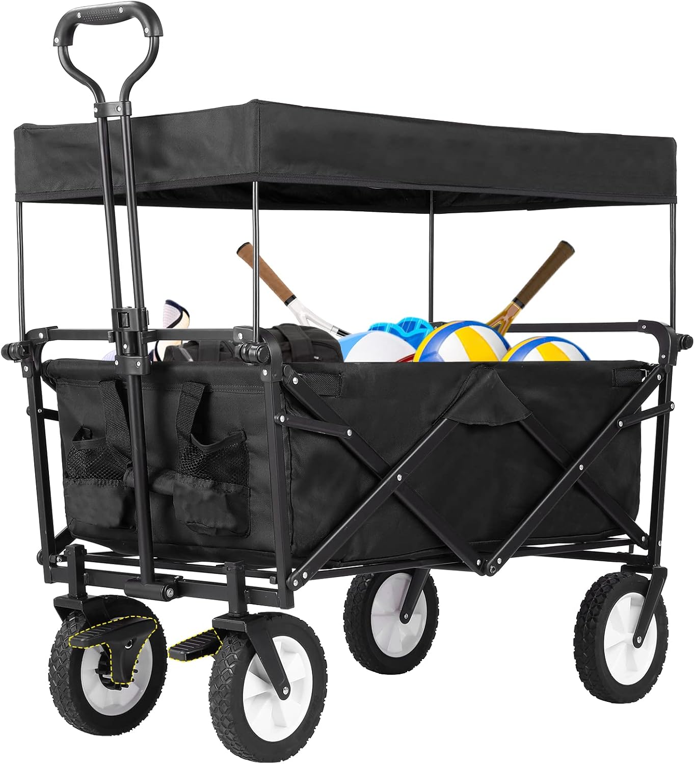 Collapsible Garden Cart with Removable Canopy, Extra Large Folding Cargo Utility Carts w/ Brake Wheels, Heavy Duty Portable Adjustable Handles Grocery Wagon for Camping, Shopping, Beach