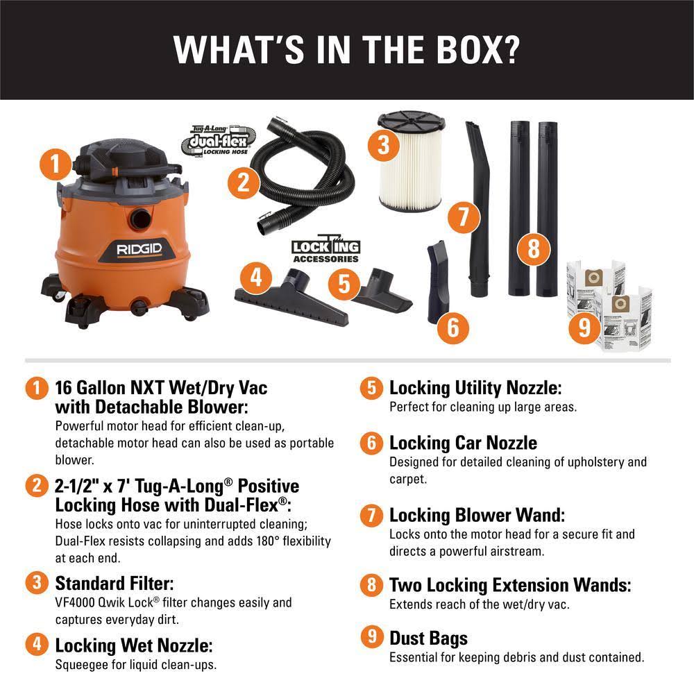 Ridgid 16 gal. 6.5 Peak HP NXT Wet/Dry VAC with Detachable Blower and Dust Bags HD1600B
