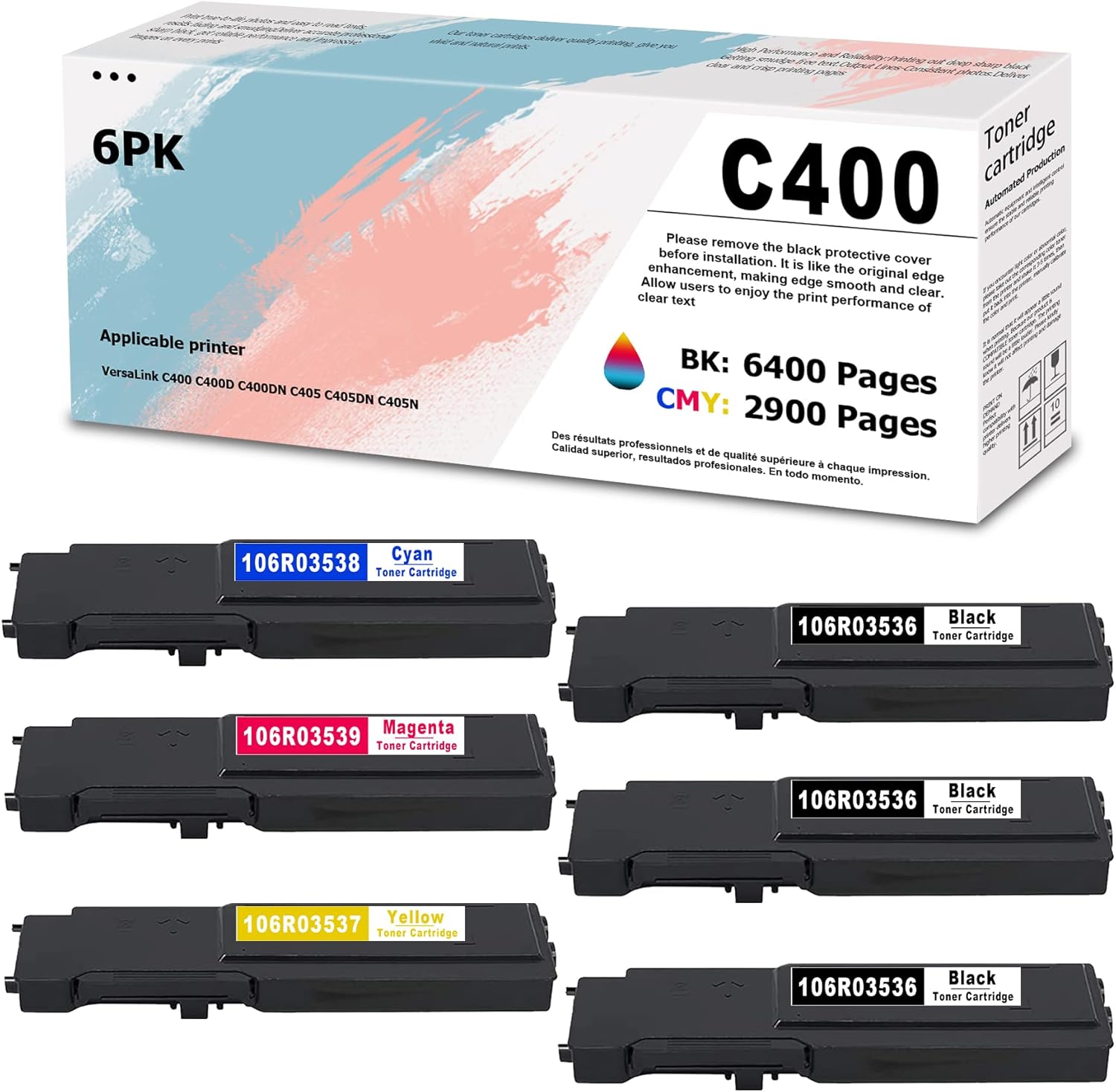 6 PK (3BK+1M+1C+1Y) Compatible C400 106R03536 106R03538 106R03539 106R03537 Toner Cartridge Replacement for Xerox C400 C400D C400DN C405 C405DN C405N Printer Toner