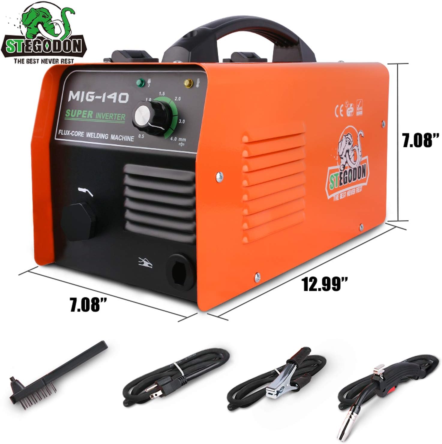 STEGODON MIG 140 Welder Portable Flux Core Wire Automatic Feed 140 Welder Welding Machine w/Free Mask ARC 110V with Electrode Holder,Work Clamp, Input Power Adapter Cable and Brush(Orange)