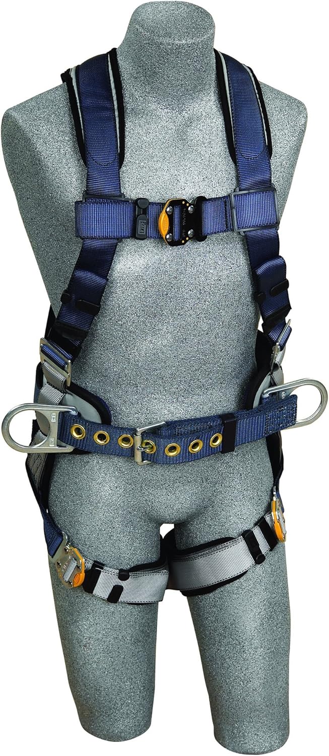 3M 1108501 DBI-SALA ExoFit Construction Harness, Back D-Ring, Sewn-In Back Pad & Belt w/Side D-Rings, Quick-Connect Buckles, Medium, Blue/Gray