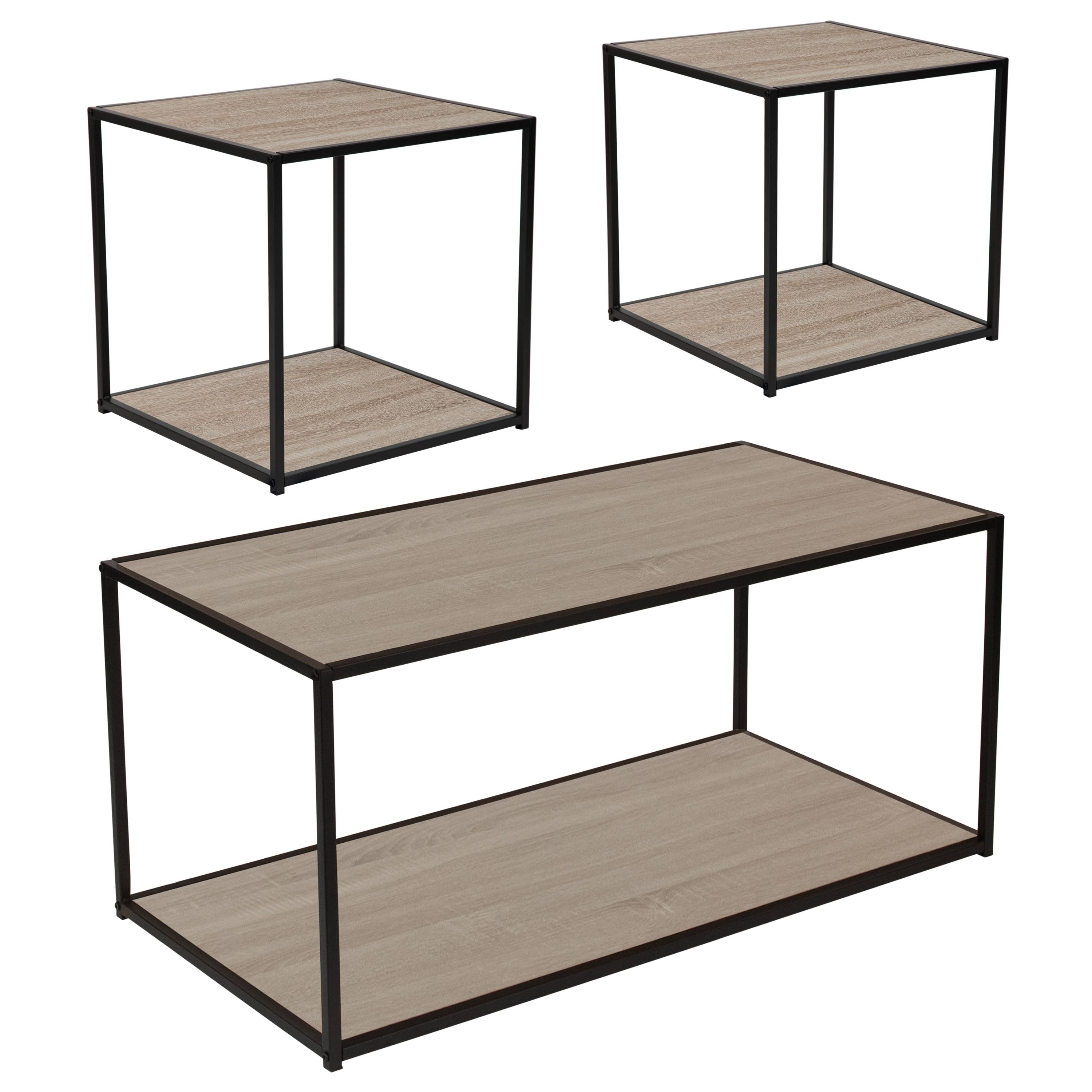 Midtown Collection 3 Piece Coffee, End Table Set, Sonoma Oak Wood Grain Finish, Black Metal Frames