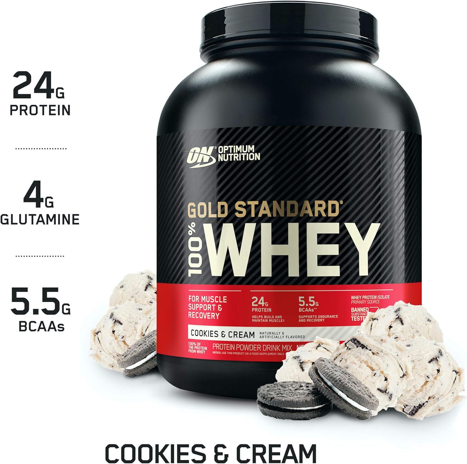 Optimum Nutrition Gold Standard 100% Whey Protein Powder, Cookies and Cream, 4.65 Pound (Packaging May Vary) Pack of 2