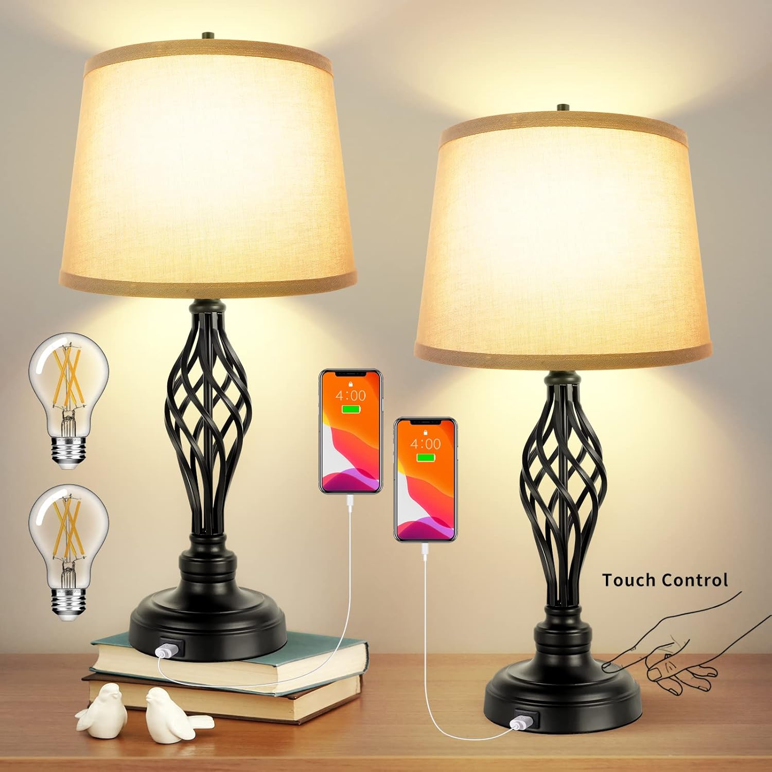 Set of 2 Touch Control 3-Way Dimmable Table Lamp Nightstand Lamp with USB Port AC Outlet Bedside Desk Lamp with Fabric Shade for Living Room Bedroom, Warm White Bulbs Included