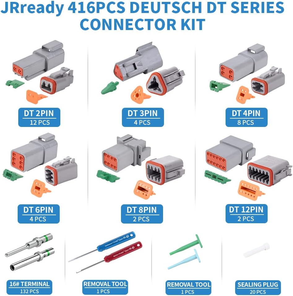 JRready DT Deutsch Connector Kit in 2,3,4,6,8,12 Pin With Solid Contacts for Truck, Off-Road, Vehicles, Motorcycle, Marine Wiring 416PCS Waterproof Electrical Connector ST6309