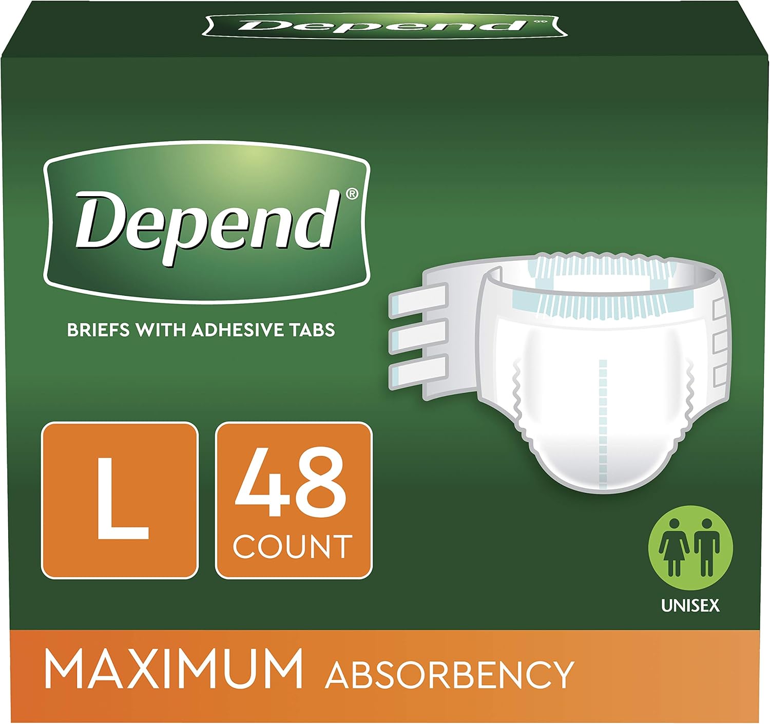 Depend Incontinence Protection with Tabs, Maximum Absorbency, L, 48 Count (3 Packs of 16 Count) (Packaging May Vary) Pack of 2