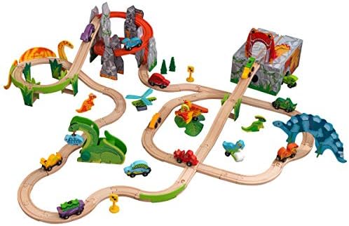 KidKraft Adventure Tracks: Dino World Rumble & Roar Wooden Train Track Complete 76-pc. Play Set, Gift for Ages 3+