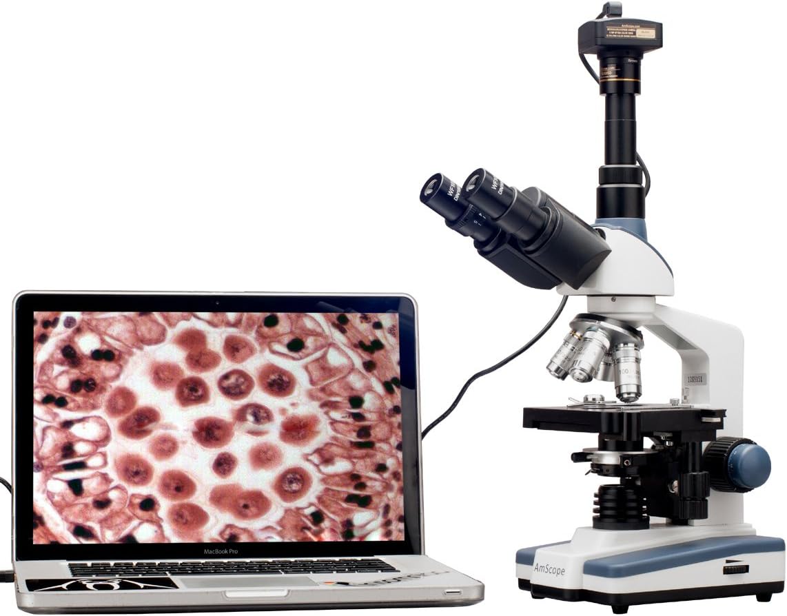 AmScope T120B-3M Digital Professional Siedentopf Trinocular Compound Microscope, 40X-2000X Magnification, WF10x and WF20x Eyepieces, Brightfield, LED Illumination, Abbe Condenser with Iris Diaphragm, Double-Layer Mechanical Stage, 100-240VAC, Include