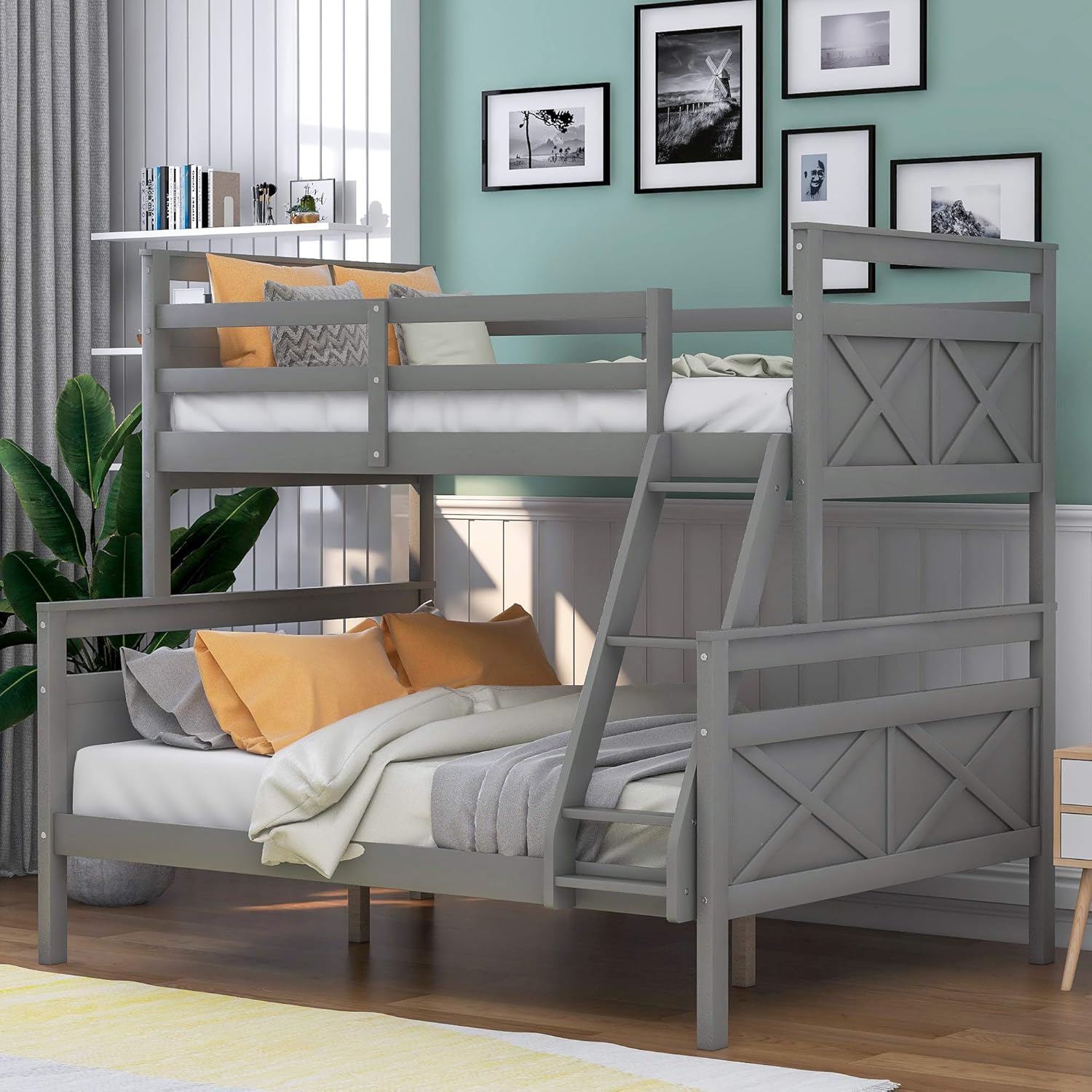 Actual Twin Over Full Bunk Beds with Inclined LadderGuardrail, Solid Wood Bed Frame with Strong Center Legs, Convertible to 2 Separated beds Perfect for Kids Bedroom (Gray), Grey