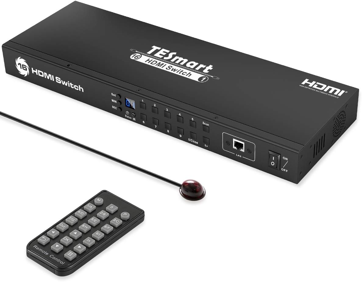 TESmart 16&times;1 HDMI Switch 16 in 1 Out 4K@60Hz HDCP 2.2 with 19-inch Rack-Ears | RS-232 / LAN Control | IR Remote Control and Auto Switch | Auto Scan Time Interval - Black