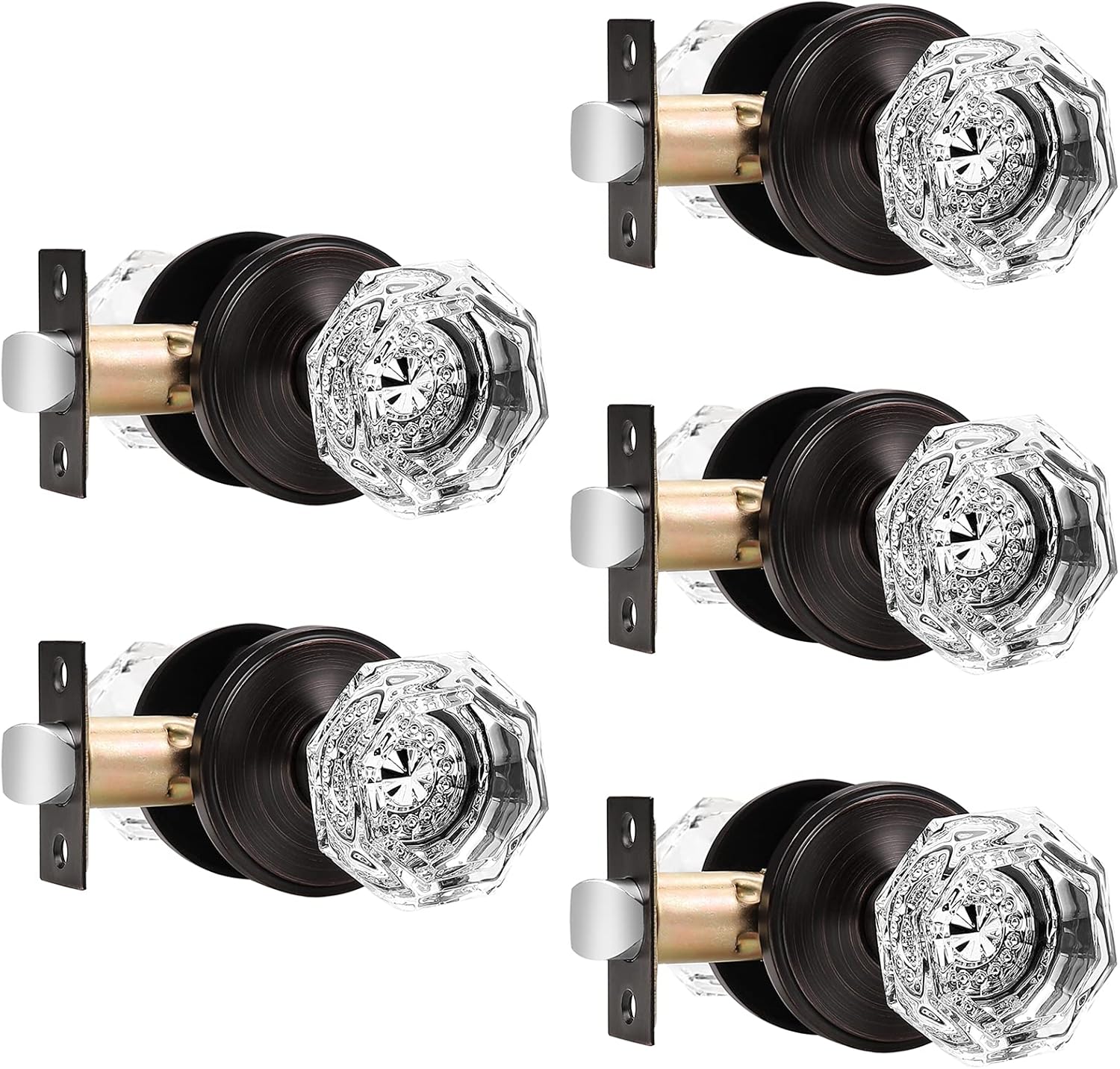 Orger 5 Pack Passage Door Knob Sets, Octagonal Crystal Clear Glass Door Knob, Keyless Interior Door Knobs for Hallway/Coset, Oil Rubbed Bronze Door Knobs with Round Rosette